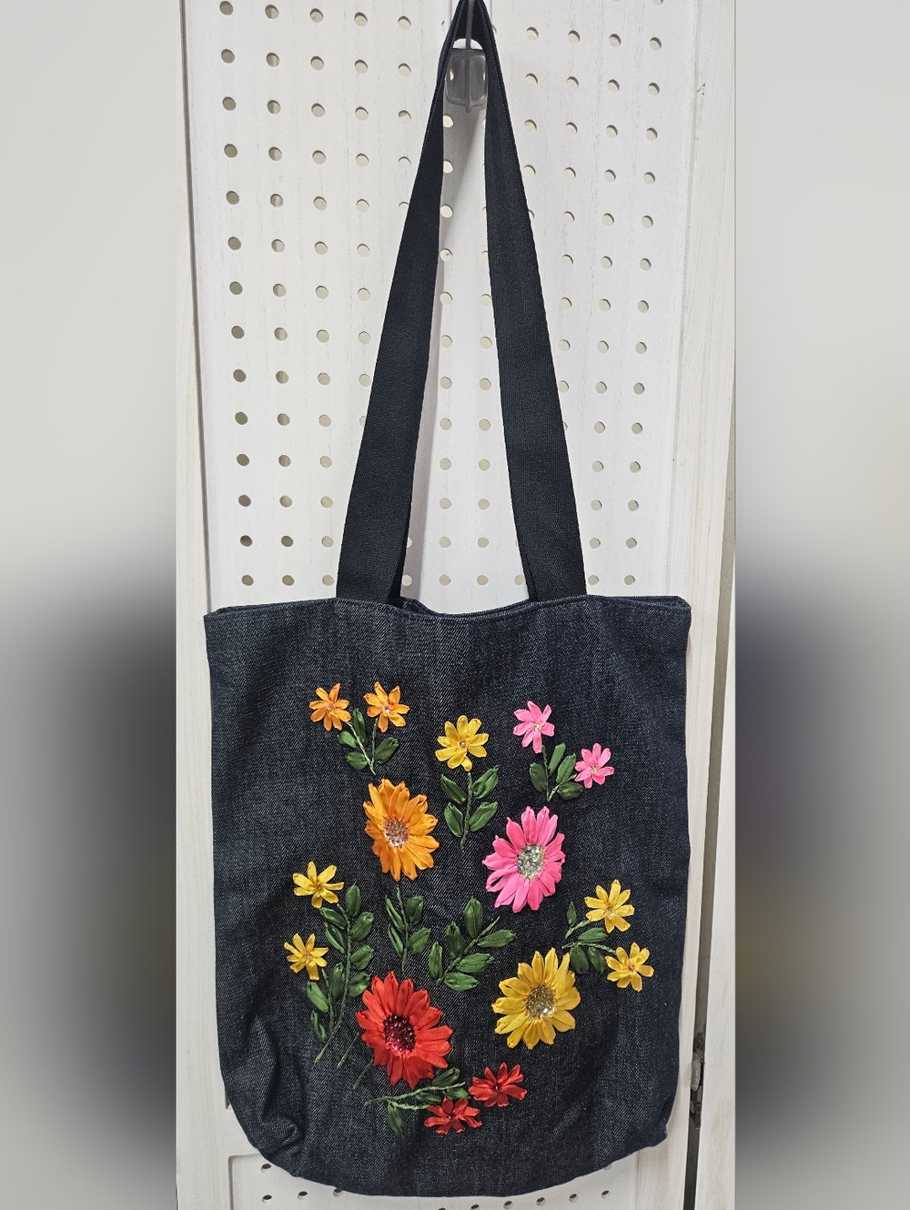 Handmade Dark Blue Denim Tote with Pink, red & Yellow Floral Embroidery